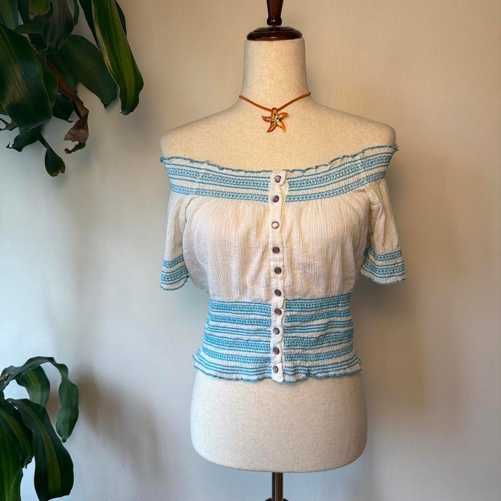Voice White Teal Blue Smocked Off Shoulder Cotton Peasant Top Large Boho